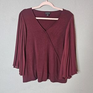 J‎ Jill Wearever Top Womens Small Burgundy Pleated Bell Sleeve Blouse V Neck